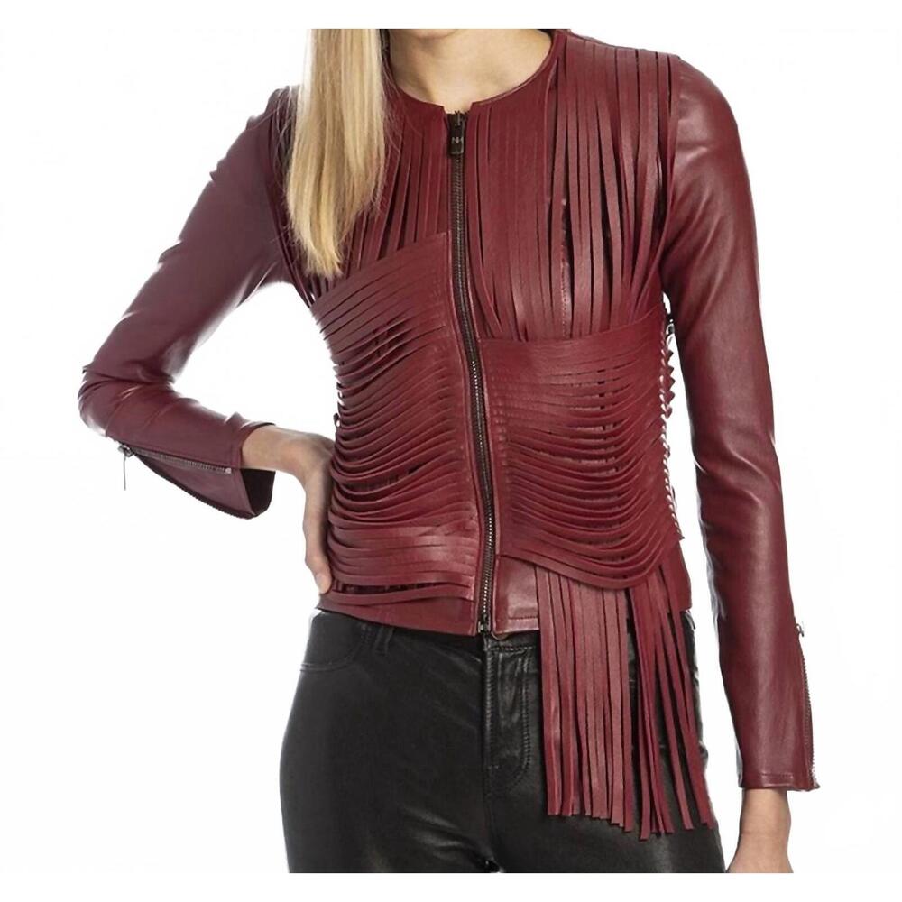 NEW NOUR HAMMOUR retrograde draped leather fringe jacket in cranberry